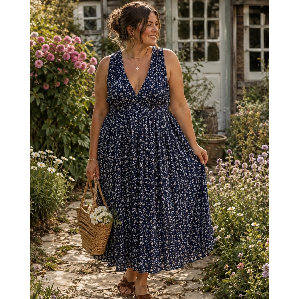R.J. Stevens Vintage Navy Floral Sleeveless Maxi Dress V-Neck Pleated 12 cottage